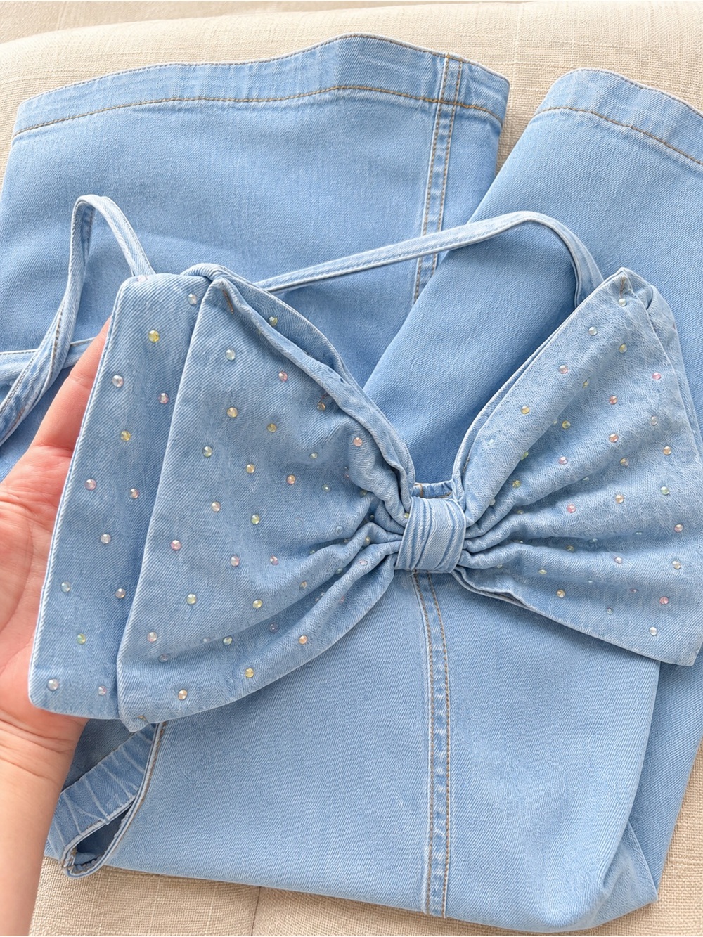 Lola + The Boys Sparkle Bow Denim Overalls Romper Rhinestone Girls Size 12 - Picture 2 of 9